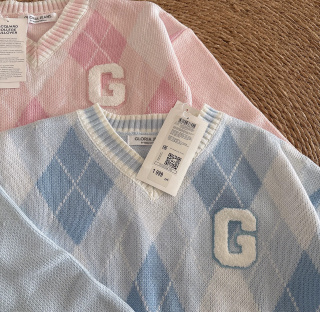 清仓 特价外贸出口学院风秋冬女童甜美洋气V领短款格子毛衣套头衫