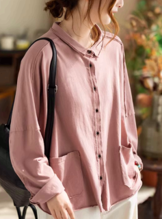 Карри перо 2026 новый розовый лацкан с длинными рукавами рубашка женщин свободный большой карманный по