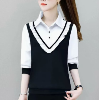长袖衬衫女士2023年新款春装洋气时尚假两件上衣服女式衬衣春秋季