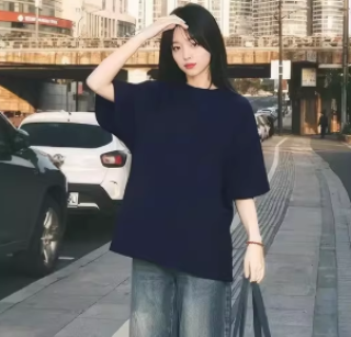 100%纯棉美式复古藏青色短袖t恤女oversize宽松简约休闲百搭上衣