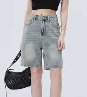 Forever 21复古五分牛仔短裤女夏季新款韩版高腰宽松直筒阔腿中裤