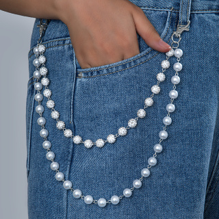 跨境爆款欧美时尚高级感软陶镶水钻球多层牛仔裤挂链男士腰链链条