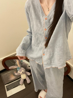 【现货】温柔风褶皱装饰睡衣女士春秋季休闲大码家居服套装现货