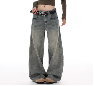 美式复古低腰阔腿牛仔裤女2026春季新款辣妹显瘦百搭直筒拖地裤子