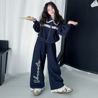 女生蕾丝花边卫衣套装2025春秋季新款洋气中大童休闲运动裤两件套