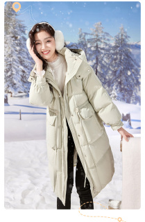 香影羽绒服女中长款2025冬季新款90白鸭绒浅绿色抽绳收腰连帽外套