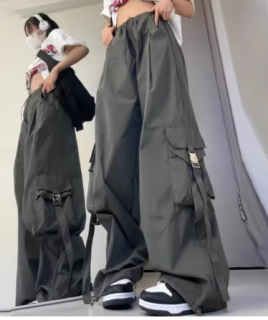 美式复古大口袋工装裤女夏季薄款高街宽松跳舞运动休闲直筒阔腿裤