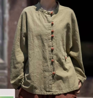 春夏新品棉麻女装文艺复古苎麻上衣衬衫女拼色盘扣对襟开衫外套