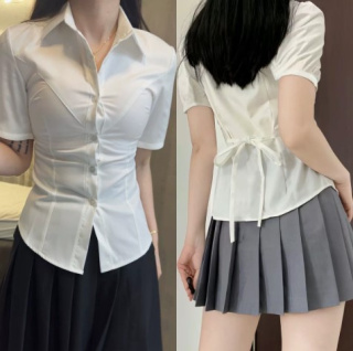 jk制服显瘦小V胸绑带收腰衬衫女纯欲正版日系学院风修身百搭上衣