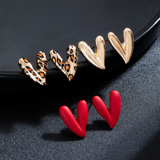 跨境欧美潮流热卖时尚个性合金爱心桃心豹纹喷漆多件套女士耳钉