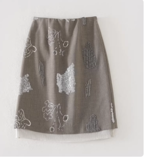 XZ17221 田原~亮片钉珠轻奢重工下摆拼欧根纱~及膝中裙半身裙