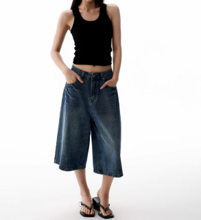 美式复古阔腿七分牛仔裤女2026夏季新款低腰宽松显瘦直筒五分中裤
