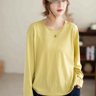 2026 Весенняя новая круглая шея с длинными рукавами футболка женщины свободная тонкая ленивый стиль рубашк