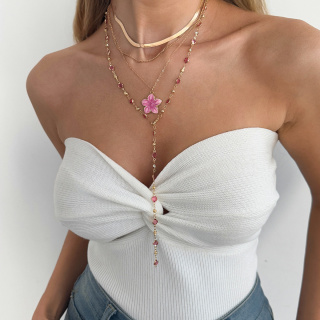 欧美跨境饰品 甜美ins金属滴油花朵项链 时尚彩色水晶链条锁骨链