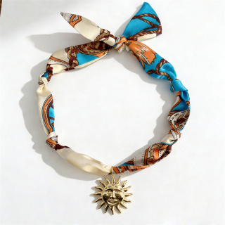 跨境新品蝴蝶结笑脸太阳吊坠项链多巴胺印花手工时尚丝巾项链女批