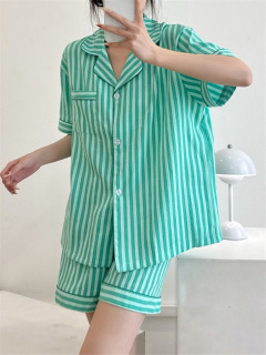 睡衣风女夏季短袖短裤简约家居服两件套绿薄荷可外穿开衫条纹可爱