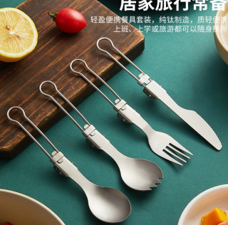 户外纯钛折叠勺子叉筷套装露营便携式钛餐具汤勺叉钛合金属筷勺叉